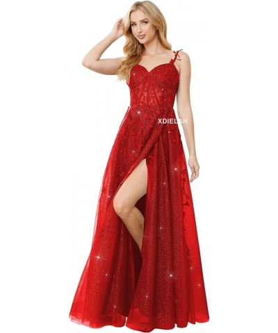 Glitter Tulle Prom Dresses for Women 2024 Lace Appliques Long Ball Gown Spaghetti Straps Formal Evening Dress with Slit Red $...