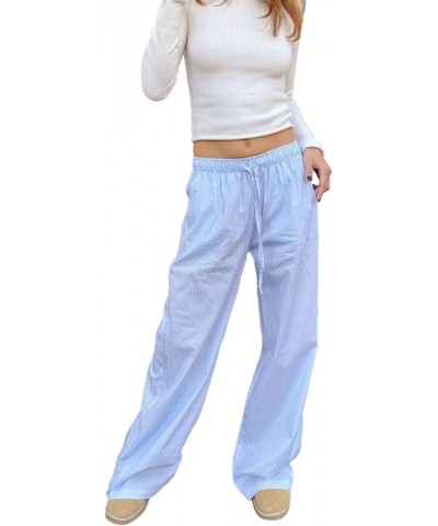 Women Y2K Striped Long Pants Drawstring High Waist Wide Leg Trouser Casual Relaxed Fit Straight Lounge Pants A-blue $7.64 Pants