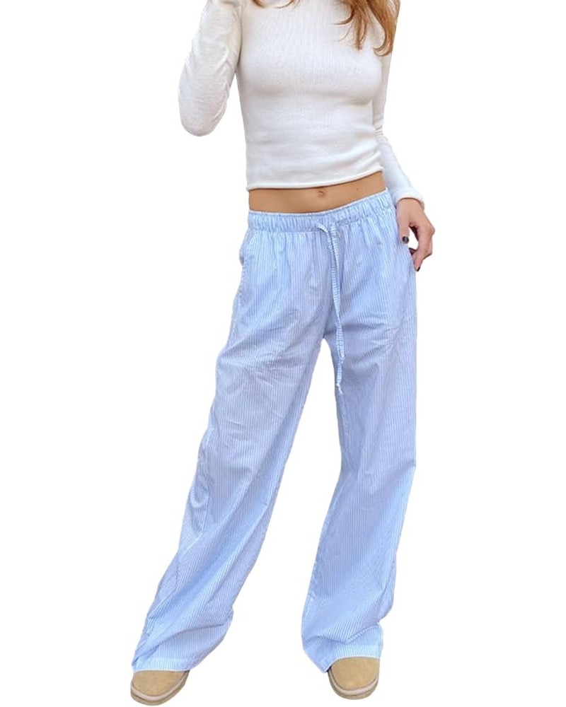 Women Y2K Striped Long Pants Drawstring High Waist Wide Leg Trouser Casual Relaxed Fit Straight Lounge Pants A-blue $7.64 Pants