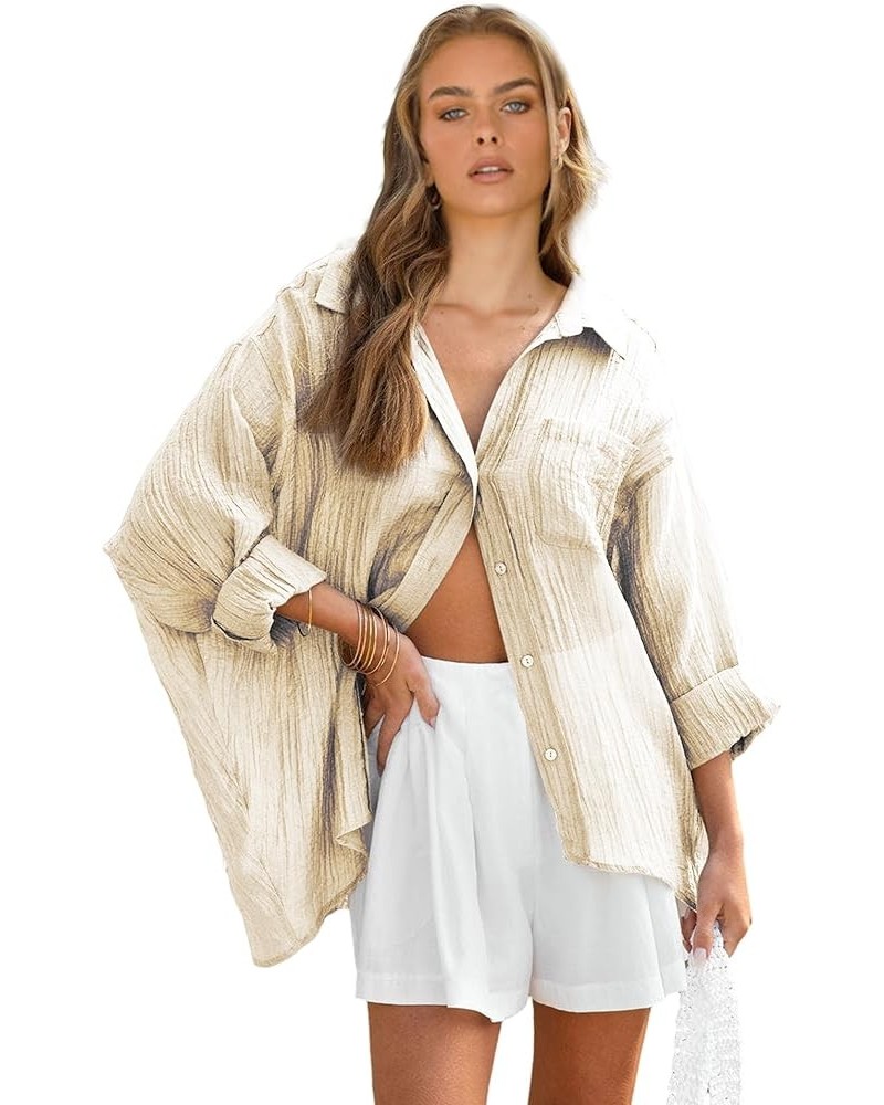 Women Beach Cover Up Roll-up Sleeve Button Down Shirts Bathing Suit Cover up Beachwear Swimsuit Covers 3 Apricot $19.13 Swims...