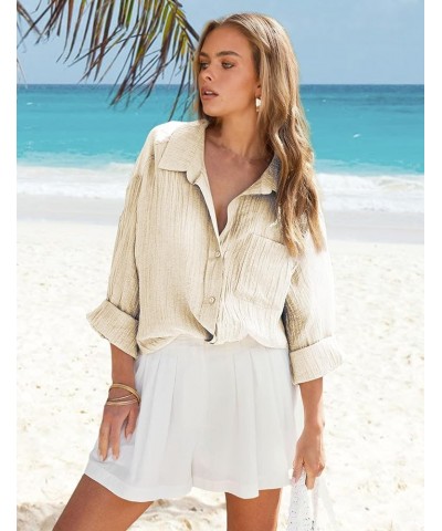 Women Beach Cover Up Roll-up Sleeve Button Down Shirts Bathing Suit Cover up Beachwear Swimsuit Covers 3 Apricot $19.13 Swims...