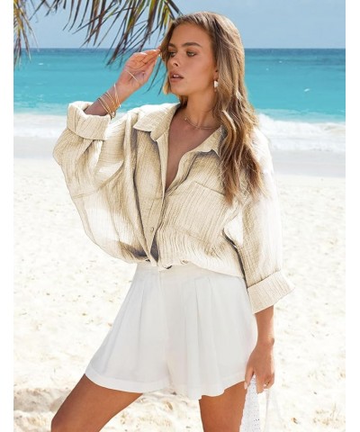 Women Beach Cover Up Roll-up Sleeve Button Down Shirts Bathing Suit Cover up Beachwear Swimsuit Covers 3 Apricot $19.13 Swims...