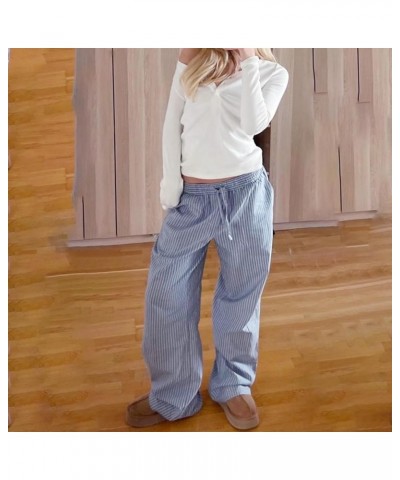 Women Y2K Striped Long Pants Drawstring High Waist Wide Leg Trouser Casual Relaxed Fit Straight Lounge Pants A-blue $7.64 Pants