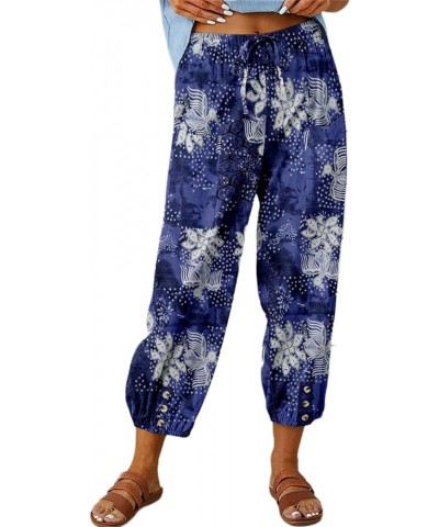 Cotton Linen Pants Women Summer Harem Baggy Wide Leg Floral Print Drawstring Cropped Pants with Pockets Blue $12.25 Pants