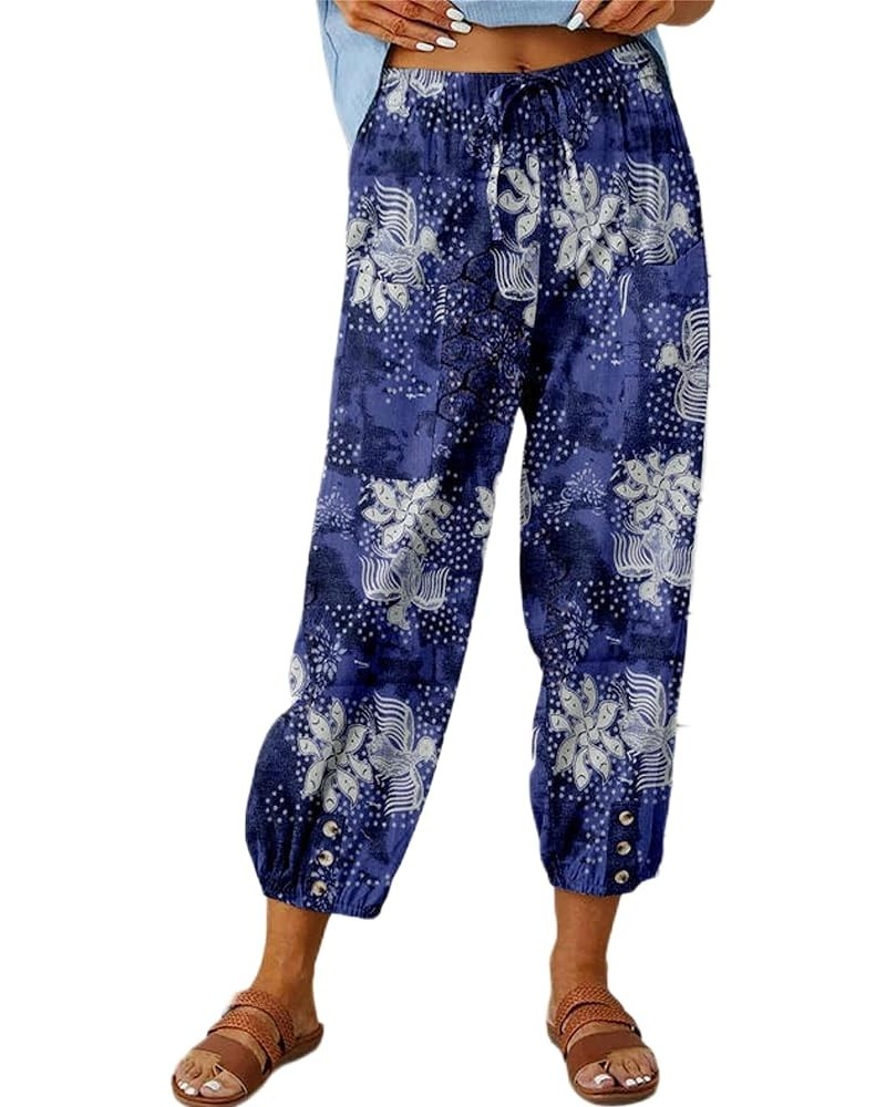 Cotton Linen Pants Women Summer Harem Baggy Wide Leg Floral Print Drawstring Cropped Pants with Pockets Blue $12.25 Pants