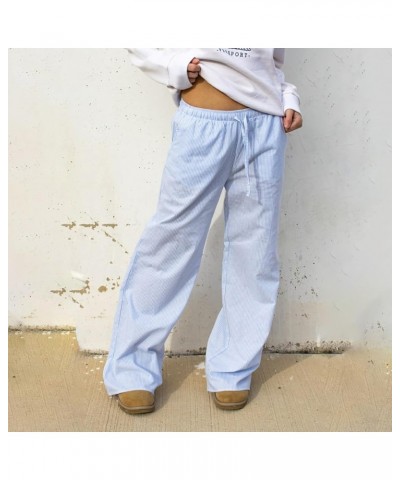 Women Y2K Striped Long Pants Drawstring High Waist Wide Leg Trouser Casual Relaxed Fit Straight Lounge Pants A-blue $7.64 Pants