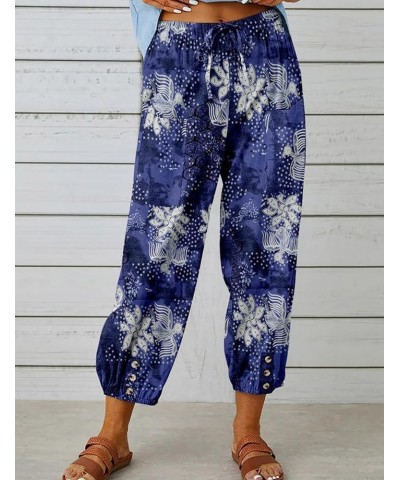 Cotton Linen Pants Women Summer Harem Baggy Wide Leg Floral Print Drawstring Cropped Pants with Pockets Blue $12.25 Pants