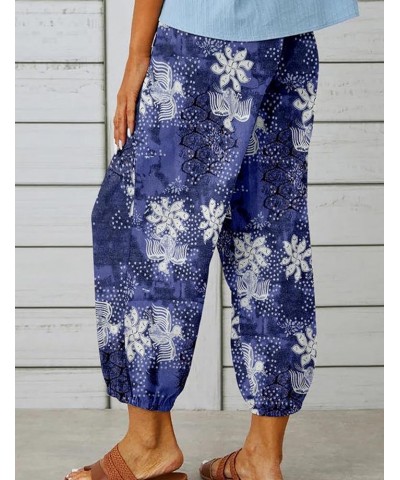 Cotton Linen Pants Women Summer Harem Baggy Wide Leg Floral Print Drawstring Cropped Pants with Pockets Blue $12.25 Pants