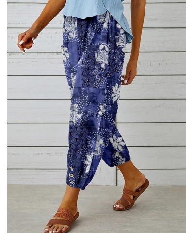 Cotton Linen Pants Women Summer Harem Baggy Wide Leg Floral Print Drawstring Cropped Pants with Pockets Blue $12.25 Pants