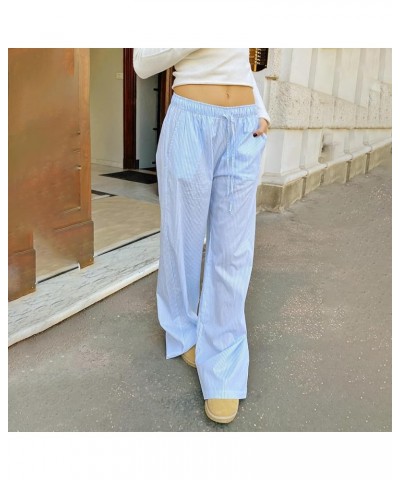 Women Y2K Striped Long Pants Drawstring High Waist Wide Leg Trouser Casual Relaxed Fit Straight Lounge Pants A-blue $7.64 Pants