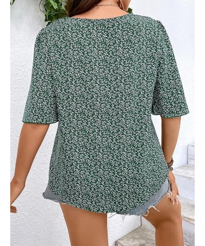 Women's Plus Size V Neck Short Sleeve All Over Print Boho Blouse Top Dark Green $13.76 Blouses