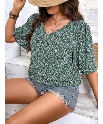 Women's Plus Size V Neck Short Sleeve All Over Print Boho Blouse Top Dark Green $13.76 Blouses