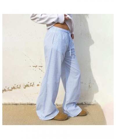 Women Y2K Striped Long Pants Drawstring High Waist Wide Leg Trouser Casual Relaxed Fit Straight Lounge Pants A-blue $7.64 Pants