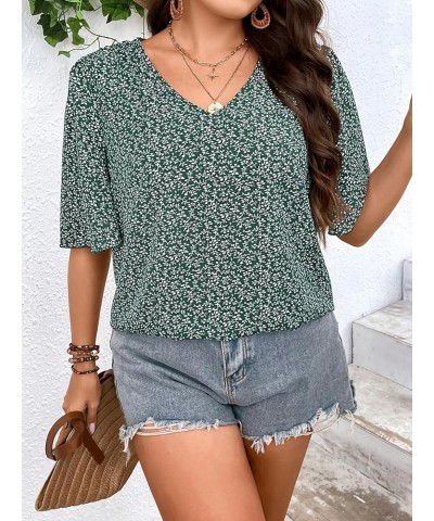 Women's Plus Size V Neck Short Sleeve All Over Print Boho Blouse Top Dark Green $13.76 Blouses