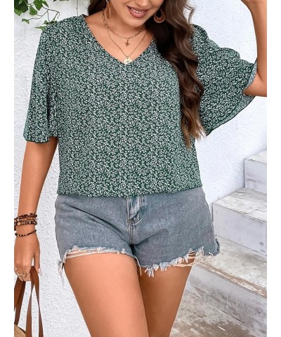 Women's Plus Size V Neck Short Sleeve All Over Print Boho Blouse Top Dark Green $13.76 Blouses