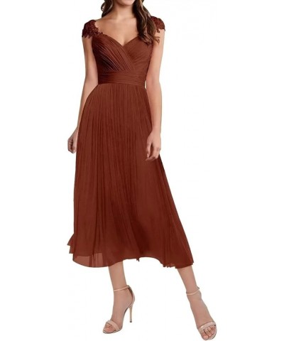 Women Elegant Cap Sleeve Lace Empire Waist Tea Length Bridesmaid Dresses Formal Evening Dresses Rust $33.08 Dresses