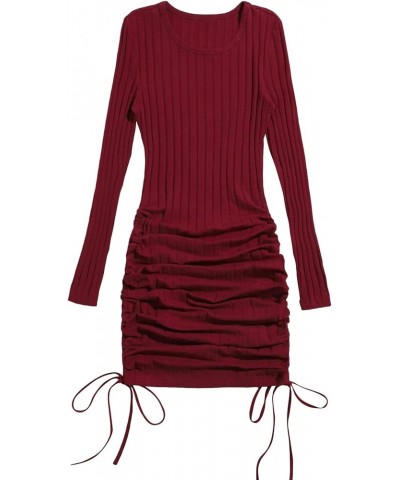 Women's Long Sleeve Drawstring Ruched Side Knitted Bodycon Mini Dress Burgundy $15.99 Dresses