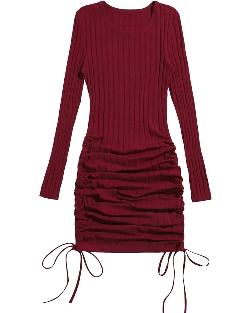 Women's Long Sleeve Drawstring Ruched Side Knitted Bodycon Mini Dress Burgundy $15.99 Dresses