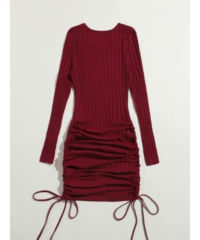 Women's Long Sleeve Drawstring Ruched Side Knitted Bodycon Mini Dress Burgundy $15.99 Dresses