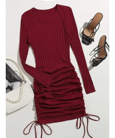 Women's Long Sleeve Drawstring Ruched Side Knitted Bodycon Mini Dress Burgundy $15.99 Dresses