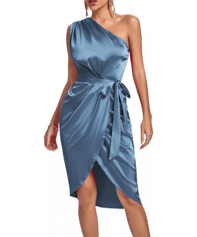 Women's Satin One Shoulder Shoulder Ruched Sleeveless Split Wrap Hem Self Belted Midi Dress Grey Blue2 $22.50 Dresses