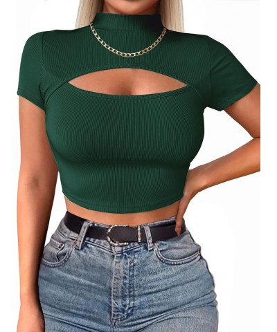 Womens Basic Short Sleeve Crop Tops Cutout Front Bodycon T-Shirts XS-XXL Z-green(short Sleeve) $8.84 T-Shirts