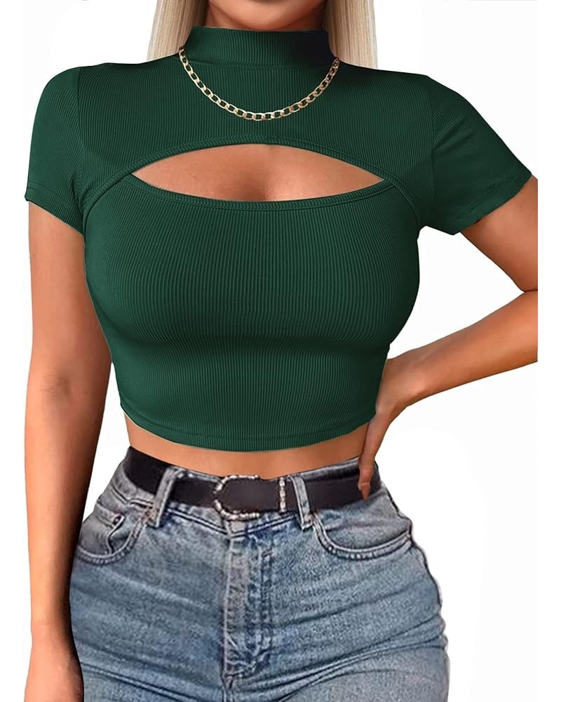 Womens Basic Short Sleeve Crop Tops Cutout Front Bodycon T-Shirts XS-XXL Z-green(short Sleeve) $8.84 T-Shirts