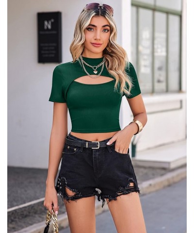 Womens Basic Short Sleeve Crop Tops Cutout Front Bodycon T-Shirts XS-XXL Z-green(short Sleeve) $8.84 T-Shirts