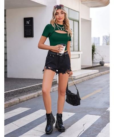 Womens Basic Short Sleeve Crop Tops Cutout Front Bodycon T-Shirts XS-XXL Z-green(short Sleeve) $8.84 T-Shirts