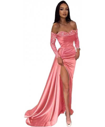 Off Shoulder Sequin Prom Dresses Long Sleeve Satin Mermaid Evening Gown for Women Formal Dress with Slit Coral $46.79 Dresses