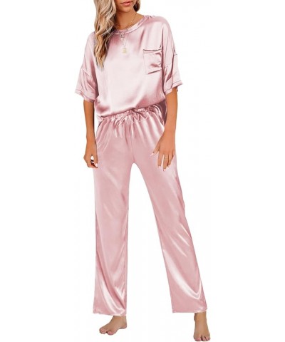 Women's Satin Silk Pajama Set Short Sleeve T-shirt with Pants Set PJ Loungewear Dusty Pink $18.54 Sleep & Lounge