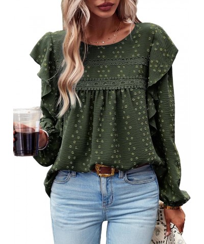 Women's Tops Crewneck Lace Crochet Flowy Ruffle Shoulder Long Sleeve Shirts Casual Blouses Army Green $17.66 Blouses