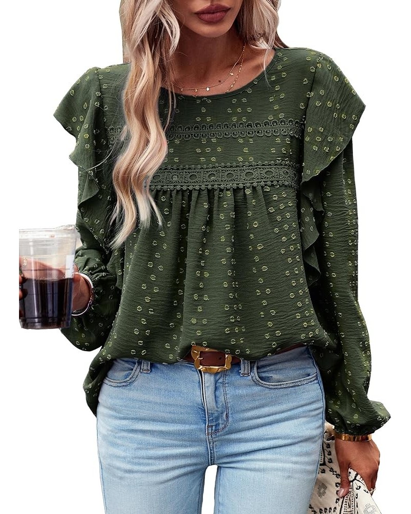 Women's Tops Crewneck Lace Crochet Flowy Ruffle Shoulder Long Sleeve Shirts Casual Blouses Army Green $17.66 Blouses