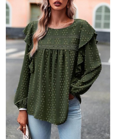 Women's Tops Crewneck Lace Crochet Flowy Ruffle Shoulder Long Sleeve Shirts Casual Blouses Army Green $17.66 Blouses