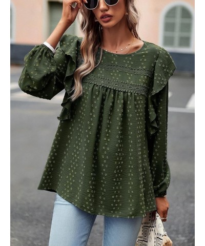 Women's Tops Crewneck Lace Crochet Flowy Ruffle Shoulder Long Sleeve Shirts Casual Blouses Army Green $17.66 Blouses