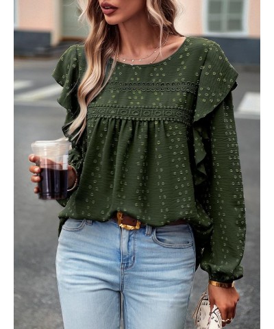 Women's Tops Crewneck Lace Crochet Flowy Ruffle Shoulder Long Sleeve Shirts Casual Blouses Army Green $17.66 Blouses