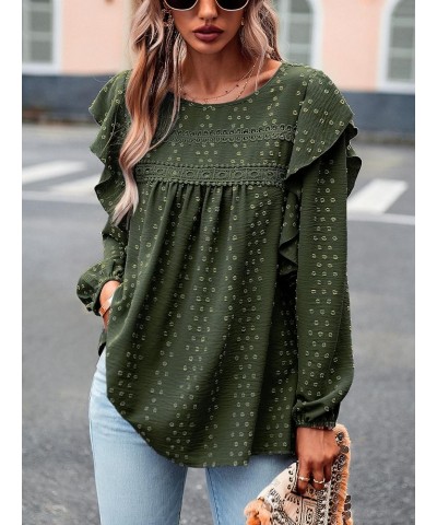 Women's Tops Crewneck Lace Crochet Flowy Ruffle Shoulder Long Sleeve Shirts Casual Blouses Army Green $17.66 Blouses