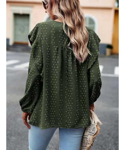 Women's Tops Crewneck Lace Crochet Flowy Ruffle Shoulder Long Sleeve Shirts Casual Blouses Army Green $17.66 Blouses