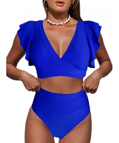 Women's Ruffle One Shoulder Bikini Mid Waist Bikini Swimsuit 2 Piece Bathing Suit Blue $15.40 Swimsuits