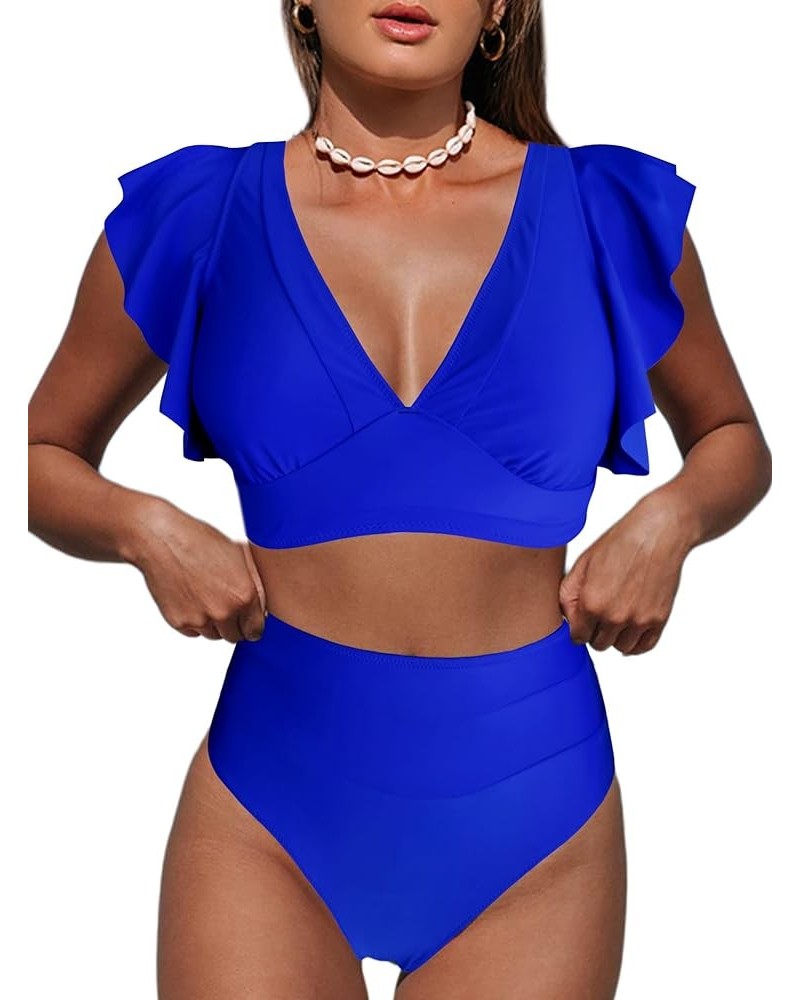 Women's Ruffle One Shoulder Bikini Mid Waist Bikini Swimsuit 2 Piece Bathing Suit Blue $15.40 Swimsuits