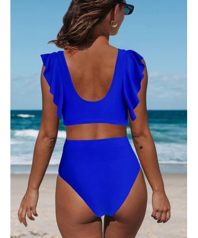 Women's Ruffle One Shoulder Bikini Mid Waist Bikini Swimsuit 2 Piece Bathing Suit Blue $15.40 Swimsuits