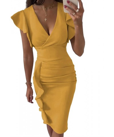 Women's Deep V Neck Ruffle Sleeves Ruched Cocktail Pencil Bodycon Midi Dress Ginger $25.95 Dresses