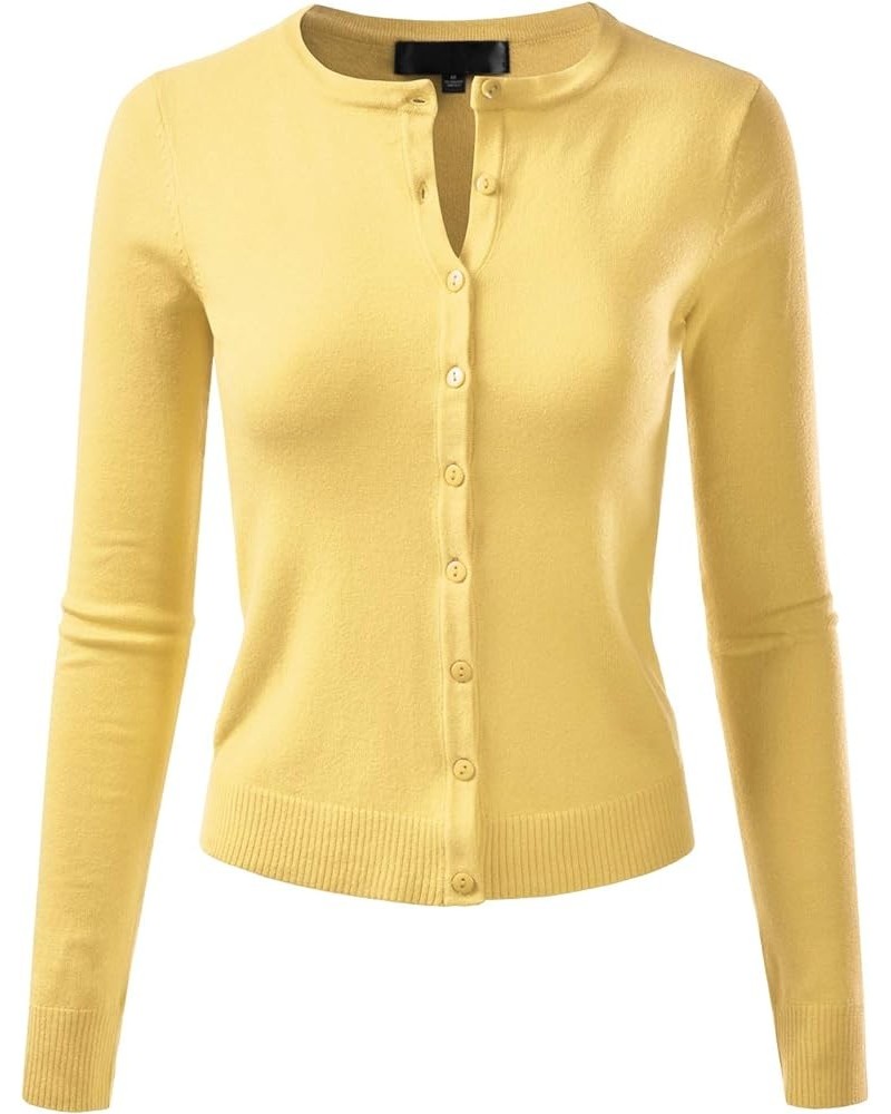 Women's Crewneck Long Sleeve Button Down Stretch Knit Cardigan Sweater Esw002_babyyellow $14.99 Sweaters