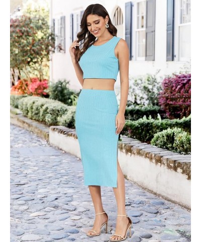 Women's 2 Piece Skirt Sets Crew Neck Sleeveless Ribbed Tank Top Bodycon Slit Midi Skirt Outfit Summer Dress Set Sky Blue $17....