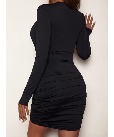 Women's Square Neck Mesh Long Sleeve Ruched Bodycon Mini Sexy Club Wedding Guest Bridesmaid Dress Deep V Black $12.99 Dresses