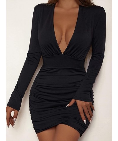 Women's Square Neck Mesh Long Sleeve Ruched Bodycon Mini Sexy Club Wedding Guest Bridesmaid Dress Deep V Black $12.99 Dresses