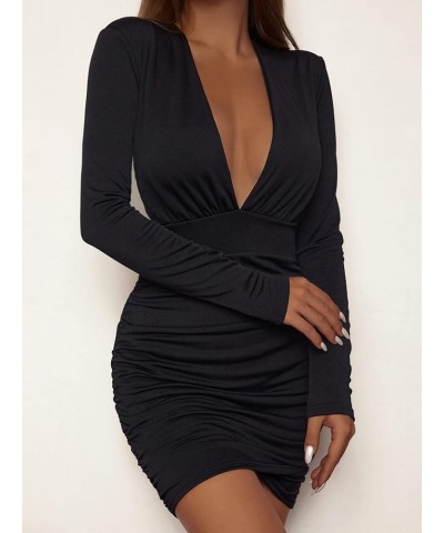 Women's Square Neck Mesh Long Sleeve Ruched Bodycon Mini Sexy Club Wedding Guest Bridesmaid Dress Deep V Black $12.99 Dresses