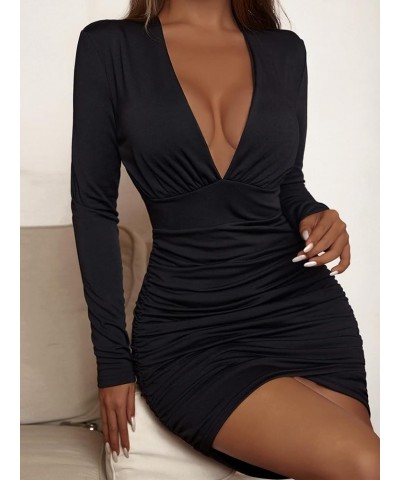 Women's Square Neck Mesh Long Sleeve Ruched Bodycon Mini Sexy Club Wedding Guest Bridesmaid Dress Deep V Black $12.99 Dresses