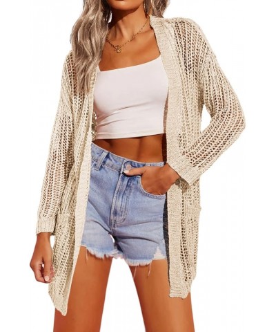 Women 2024 Lightweight Crochet Cardigan Long Sleeve Open Front Knit Sweater Summer Kimono Cover Up with Pockets Khaki $14.19 ...