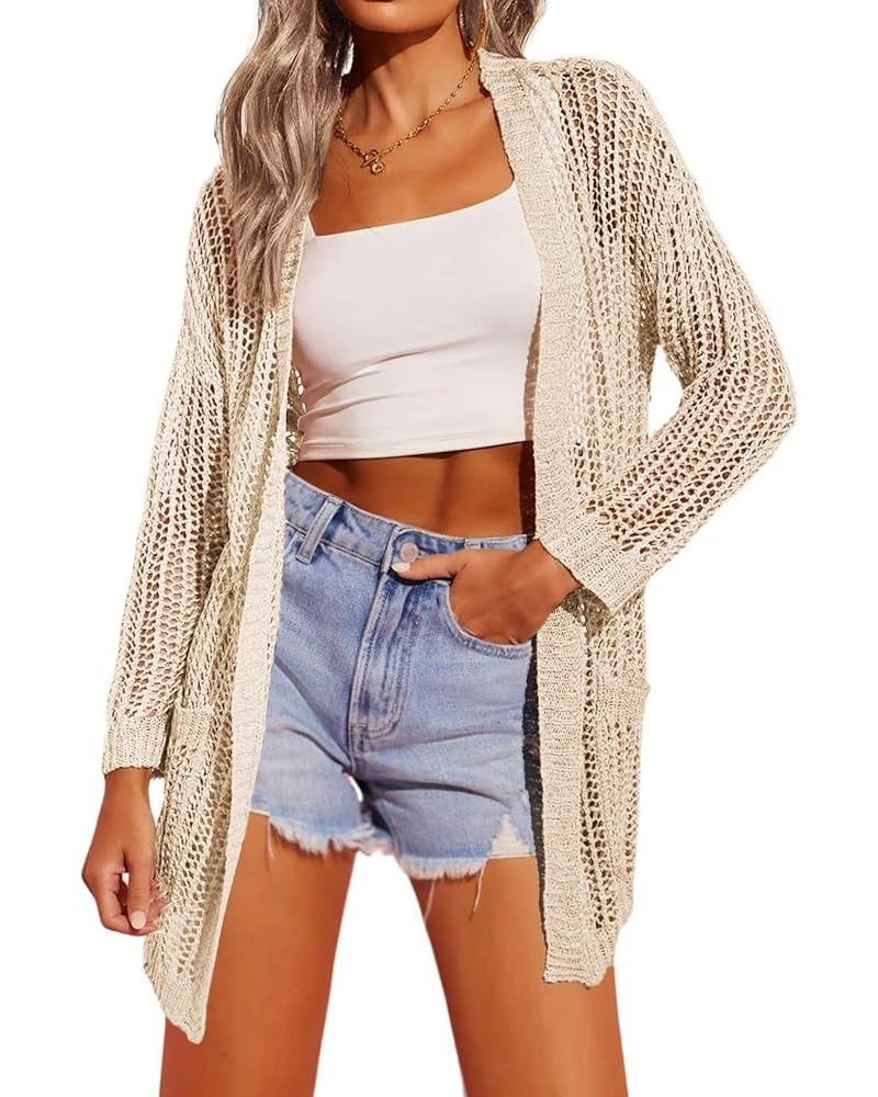 Women 2024 Lightweight Crochet Cardigan Long Sleeve Open Front Knit Sweater Summer Kimono Cover Up with Pockets Khaki $14.19 ...